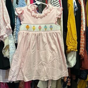Pink Striped Kids Dress with Ice Cream Embroidery
